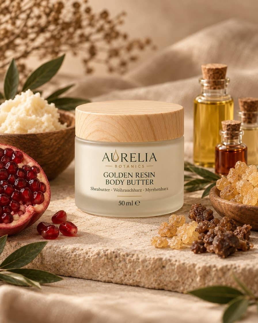 Golden Resin Body Butter: Tiegel mit Holzdeckel, daneben Sheabutter und Myrrhenharz
